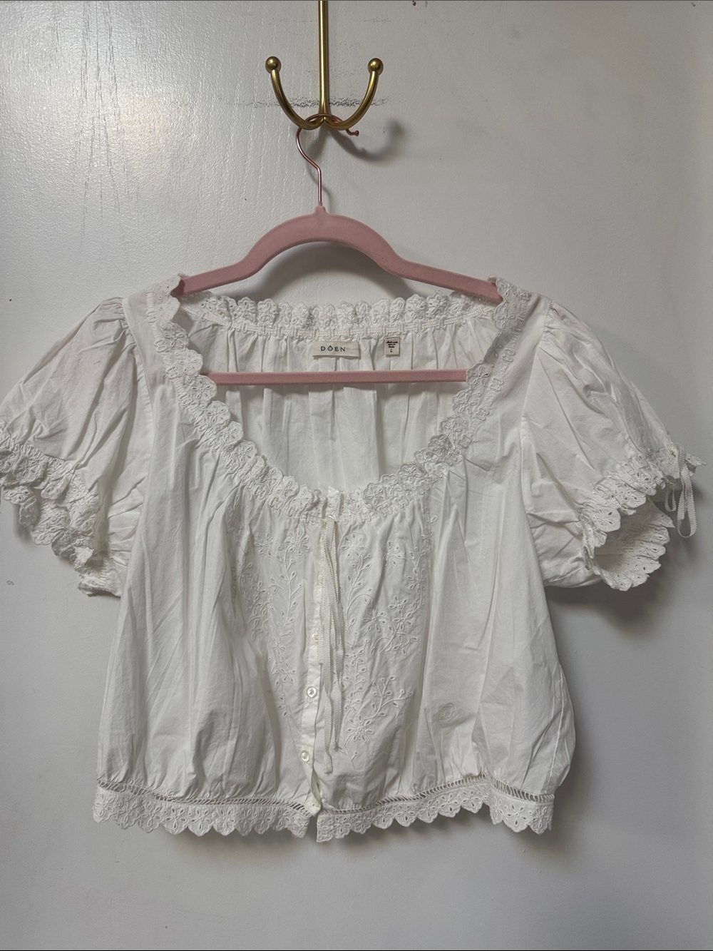 Doen Nera Salt White Embroidered Eyelet Tie-Front Cropped Blouse Large - Picture 4 of 8